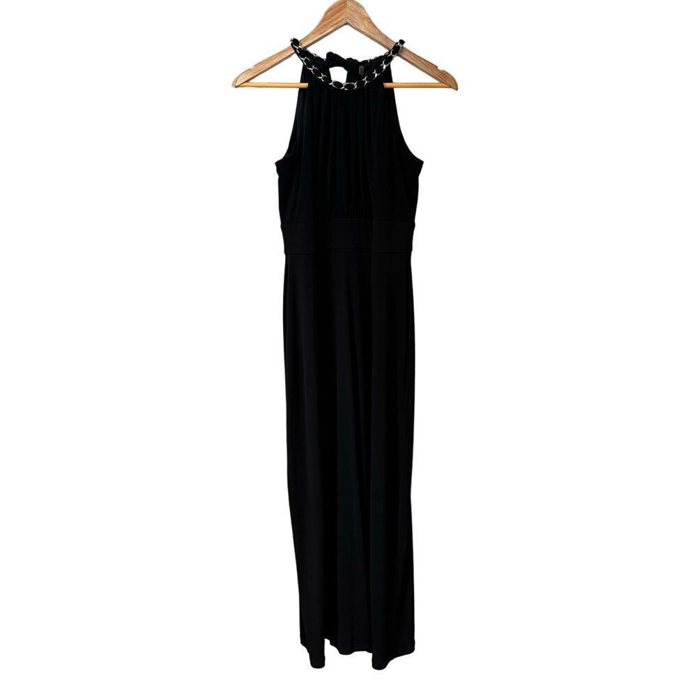 Vintage Scene by Donna Ricco Black Maxi Dress Gold Chains Halter Womens sz Small